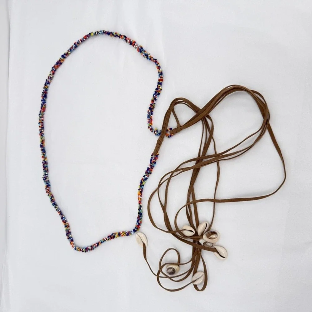 Braided Bead Self Tie Cowrie Shell Tassel Cord Belt Necklace Suede Boho Beach